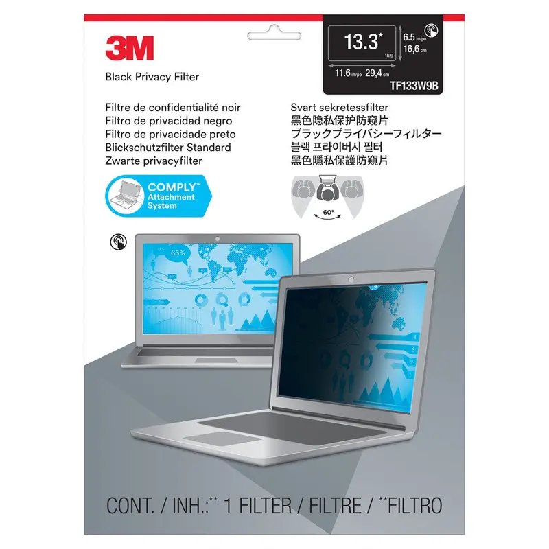 3M 13.3-Inch Touch Laptop Privacy Screen – 3M Comply Flip Mount, 16:9 Widescreen (294 X 166 Mm) 1
