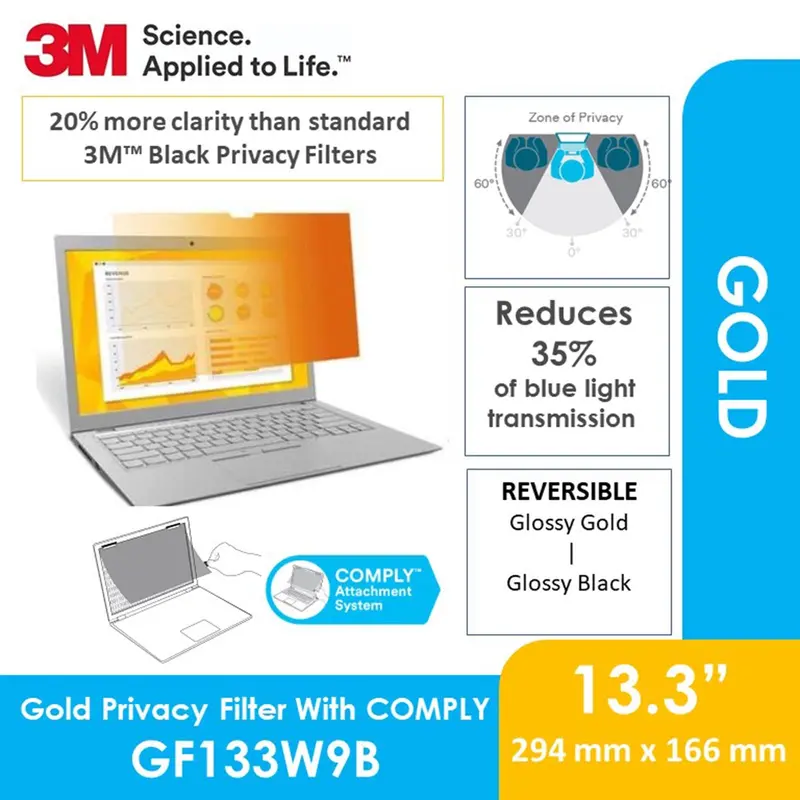 3M Gold Privacy Filter Gf133W9B – 13.3" Laptop Comply Attachment System 1