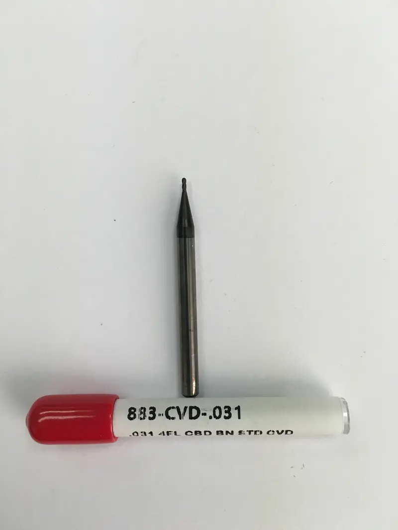 883-Cvd-.031 Solid Carbide End Mill – 1/32" Diameter, 1/8" Cutting Length, 3/32" Shank, 1.5" Overall Length, 4-Flute, Ball Nose, Dc Coated 1