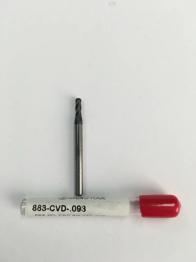883-Cvd-.093 Solid Carbide End Mill – 3/32" Diameter, 1/8" Cutting Length, 9/32" Shank, 1.5" Overall Length, 4-Flute, Ball Nose, Dc Coated 1