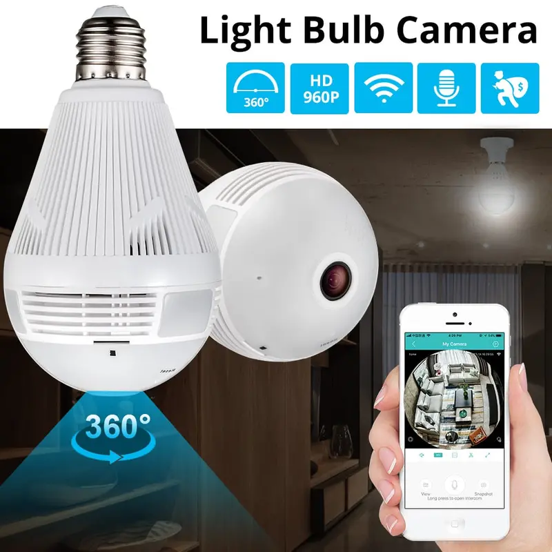 960P Wireless Wifi Ip Security Camera With 360° Fisheye Lens And Bulb-Style Housing 1