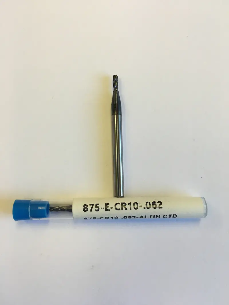 Altin-Coated Crb End Mill: 1/16" Square Shank, 1/8" Cutting Diameter, 3/16" Cutting Length, 1-1/2" Overall Length, 4-Flute, R010 Radius – 875-E-Cr10-.062 1