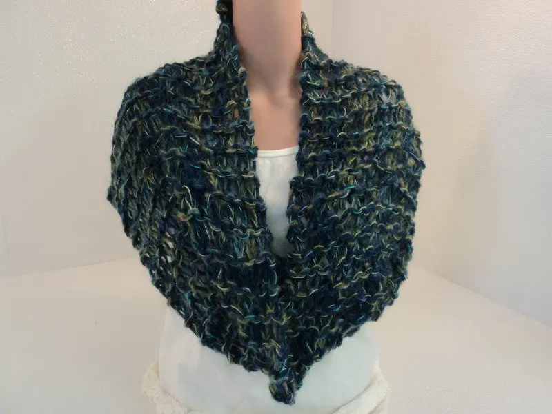 Artisan-Knitted Alpaca-Mohair Cowl Wrap In Blue, Green & Gold For Women – Handmade, Tagless 1