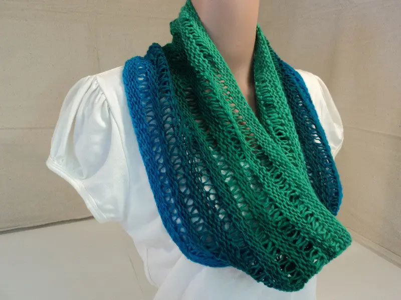 Artisan Wool Cowl Scarf In Blues And Greens – Hand-Knitted Drop-Stitch Design For Women 1