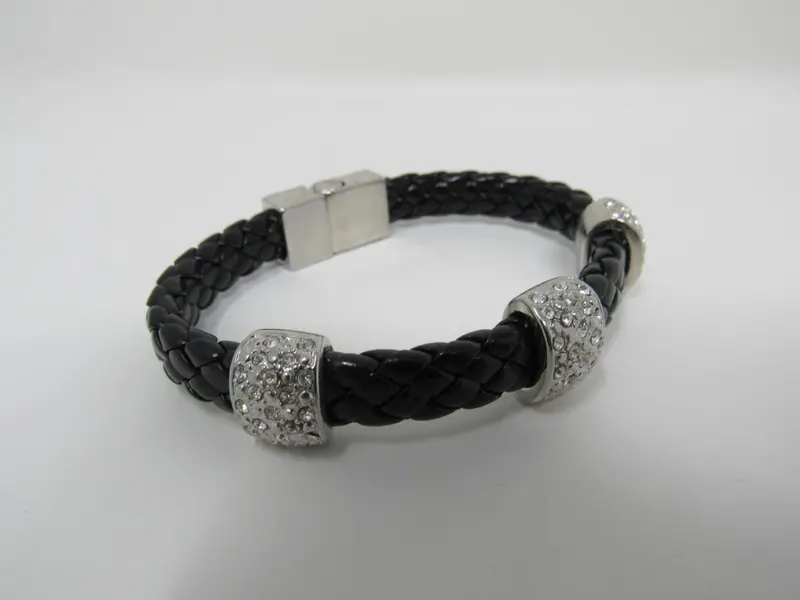 Braided Black And Silver Bangle – Textured Design With Crystal Highlights 1