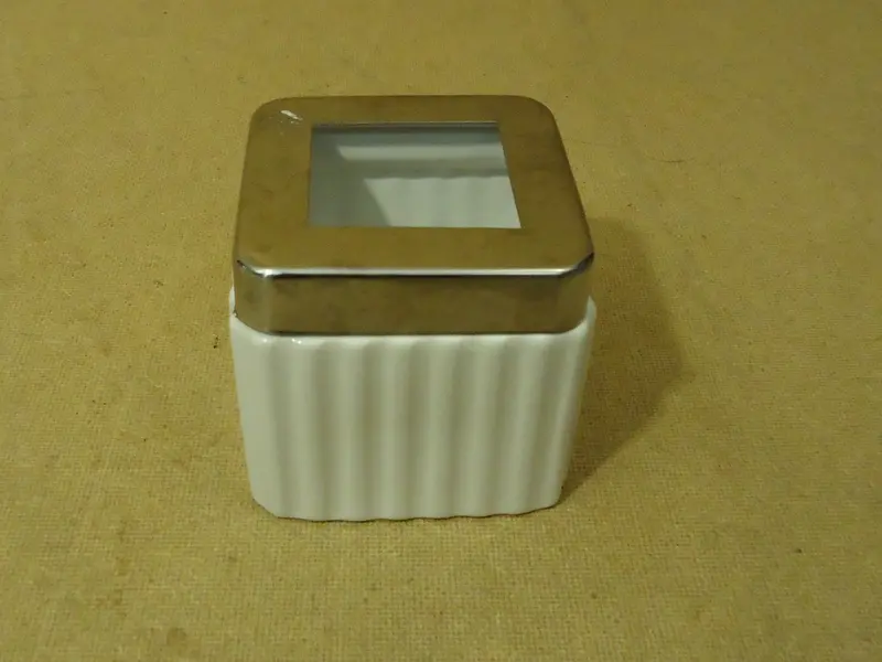 Chrome-Trimmed Kitchen Storage Jar – 4" Cube, Glossy White Porcelain, Functional Vintage Design 1