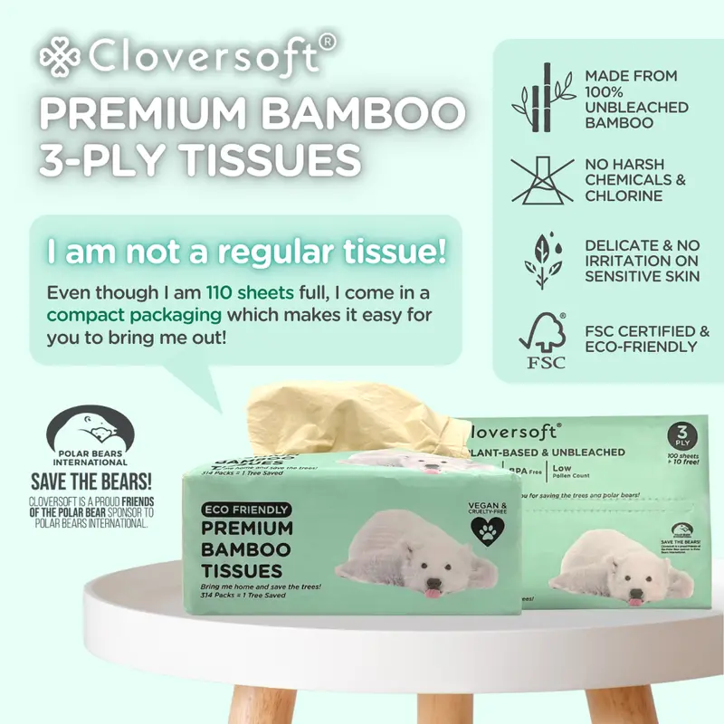 Cloversoft Bamboo Premium Tissues – Unbleached, Plant-Based, 3-Ply (110 Sheets) 1
