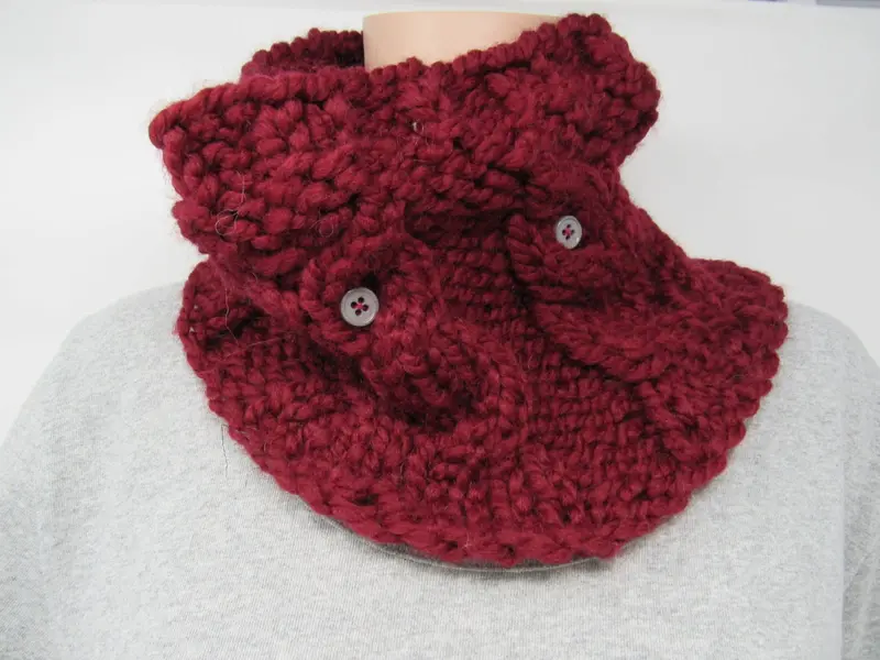 Cranberry Knit Cowl Wrap – Acrylic-Wool Blend With Decorative Owl Buttons 1