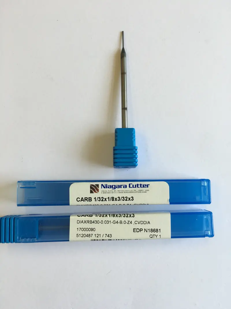 Crb Carbide End Mill: 1/32" Square Shank, 1/8" Cutting Diameter, 3/32" Cutting Length, 3" Overall Length, 4-Flute, Ball Nose, Dc Coating – N18681 1