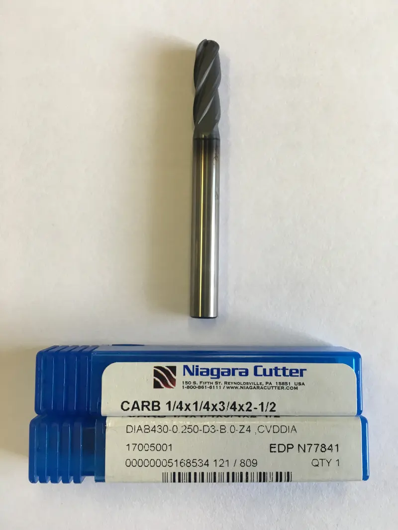 Crb Carbide End Mill: 1/4" Square Shank, 1/4" Cutting Diameter, 3/4" Cutting Length, 2-1/2" Overall Length, 4-Flute, Ball Nose, Dc Coating – N77841 1
