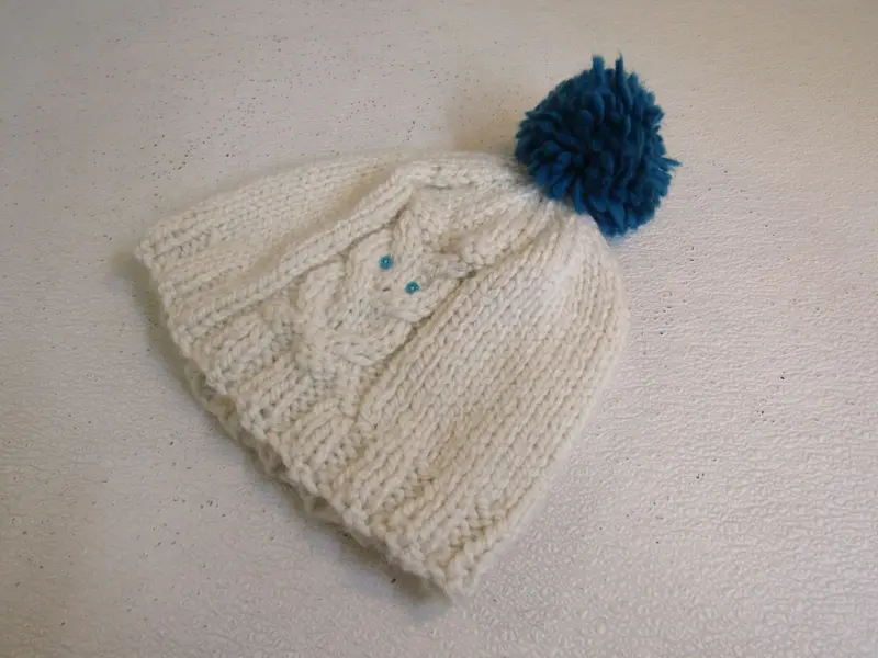Cream & Teal Owl Beanie With Pom Pom – Acrylic-Wool Blend 1