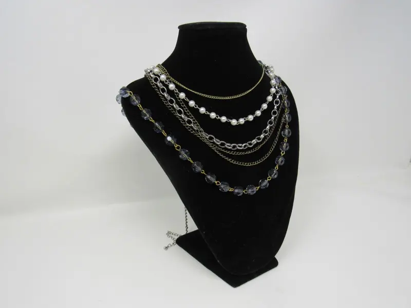Designer Matinee Necklace – Multi-Chain Layered Style (Black, Silver, Gold Tones, Female Adult, Used) 1