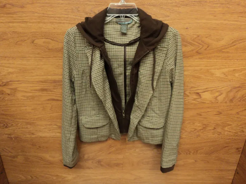 Doki Geki Hooded Coat For Women – Medium, Brown Plaid Blend (Polyester/Rayon) 1