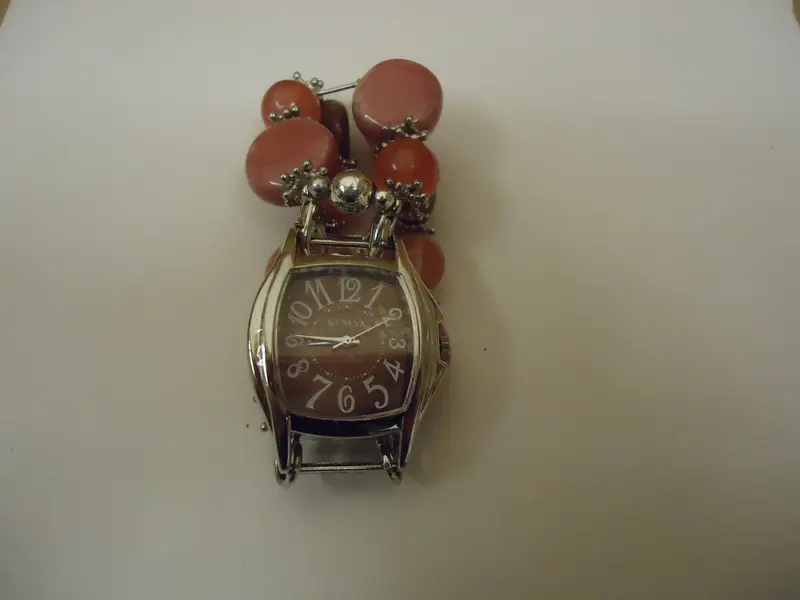 Geneva Analog Watch For Women – Metallic Beaded Band, Silver/Red Accents, Used 1