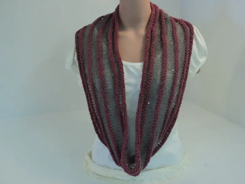Gray & Pink Sequined Cowl Wrap – Handcrafted Merino Wool & Mohair Blend – Striped Design – Tag-Free New 1