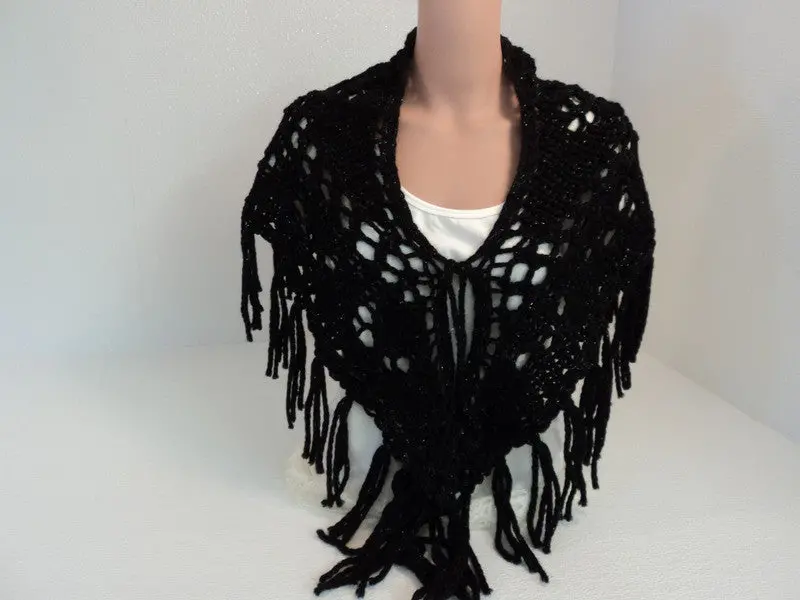 Handcrafted Black Shawl With Silver Fringes – Merino Wool/Stellina Blend, Adult Female – Brand New, Tag-Free 1