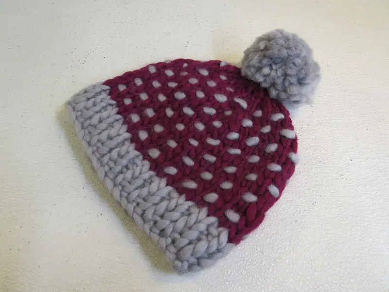 Handcrafted Polka Dot Beanie – Cranberry & Gray Merino Wool With Pom Pom 1
