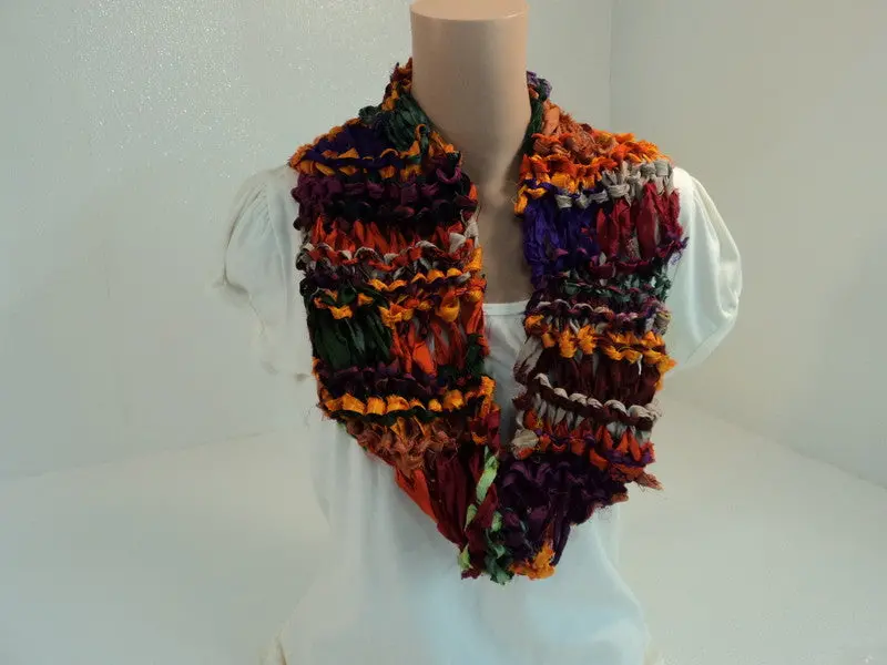 Handcrafted Purple-Green-Orange Drop-Stitch Cowl Wrap – 100% Recycled Silk, Adult Female – Brand New, Tag-Free 1