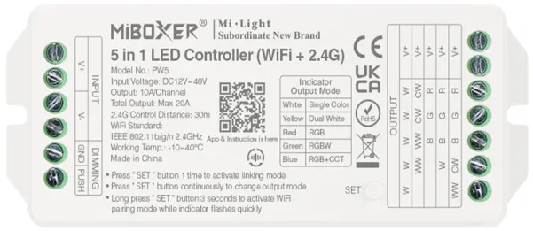 Miboxer 5-Channel Wifi + 2.4Ghz Led Dimmer – 20A Max Output (Pw5) 1