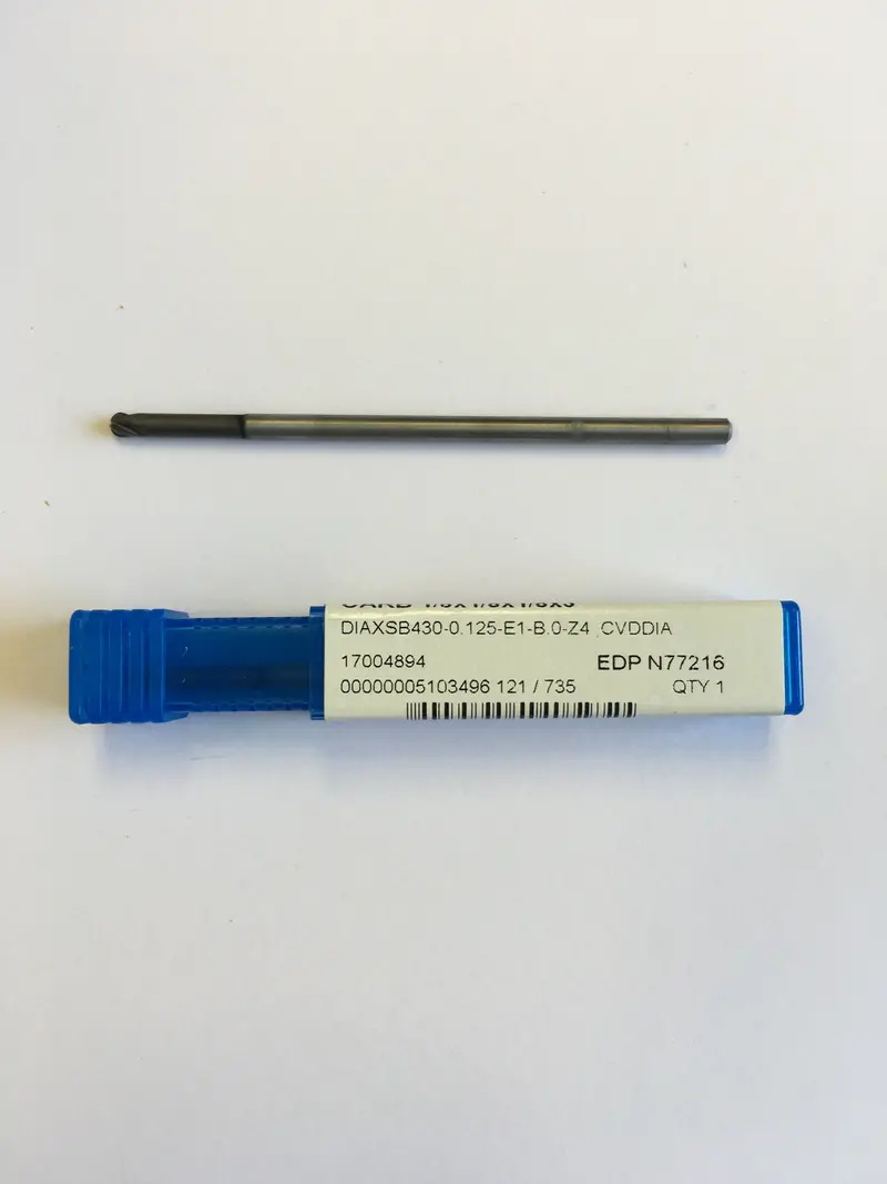N77216 Micro Grain Carbide End Mill – 1/8" Diameter, 1/8" Cutting Length, 1/8" Shank, 3" Overall Length, 4-Flute, Ball Nose, Dc Coated 1