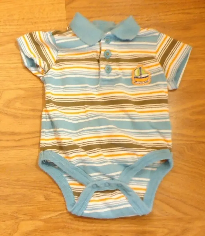 Please Mum Collared Sailboat-Print Cotton One-Piece For Newborn Boys (0–3 Months), Multicolor Stripes – Pre-Owned 1