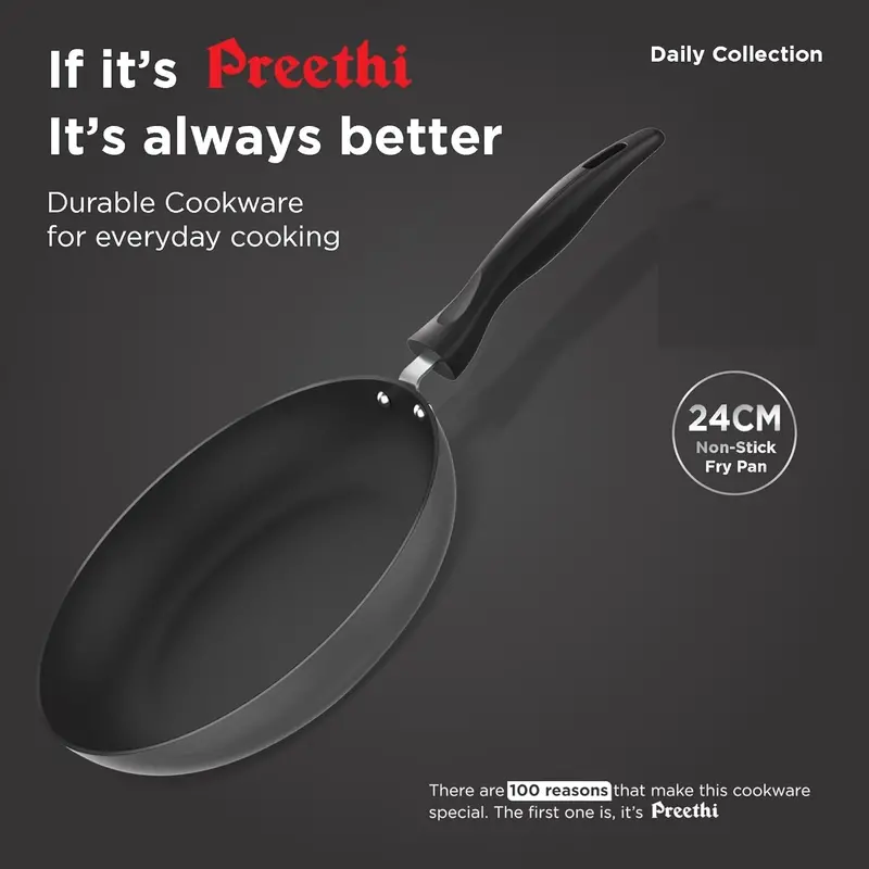 Preethi Daily Non-Stick 24Cm Fry Pan – Grey Finish, 5-Star Release, Compact Kitchen Staple 1