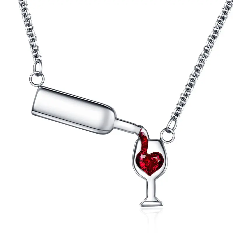 Stylish Stainless Steel Wine Glass Necklace With Cubic Zirconia Pendant & Gold/Silver Chain 1