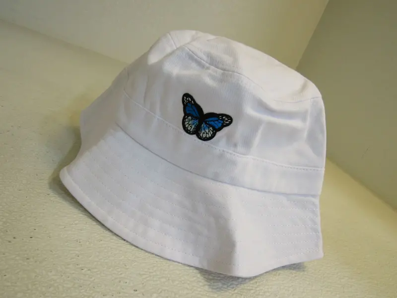 Tangka Embroidered Beach Bucket Hat – Blue Butterfly Motif On White Base, One-Size-Fits-Most, Brand New 1