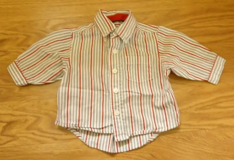 The Children’S Place Boys’ Button-Down Shirt – Gray And Red Striped Cotton Top For Newborns (0–3 Months), Pre-Owned 1