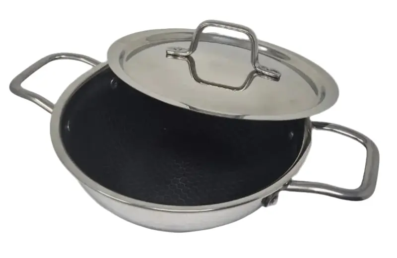 Vinod Nutri-Tech Triply Stainless Steel Honeycomb Kadai With Lid – 20 Cm, 1.9 L, Induction-Compatible 1