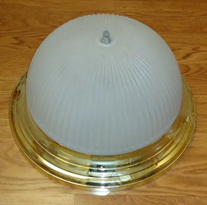 Vintage Dome Light Fixture – 13.25 Inches, Gold Metal Base With Frosted Glass Shade, Used 1