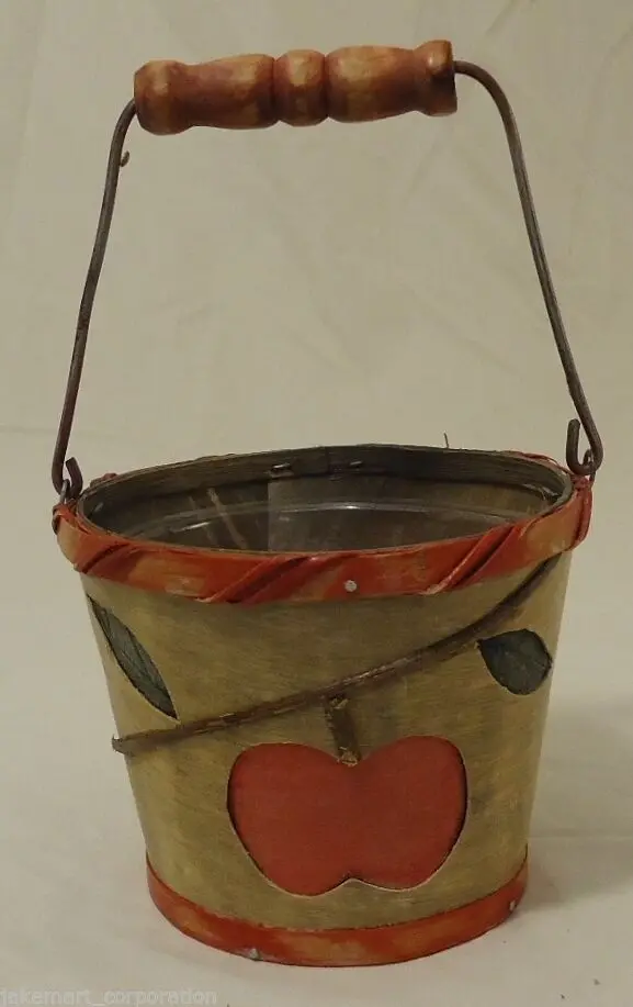 Wooden Apple-Themed Planter Pail – 5" X 4", Includes Plastic Liner (Used) 1