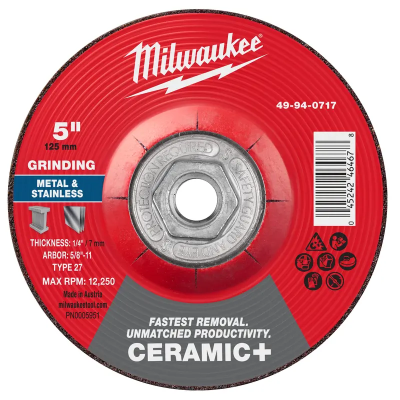 Milwaukee 49-94-0717 Grinding Wheel – 5" X 1/4" X 5/8"-11, Ceramic-Reinforced Type 27 1