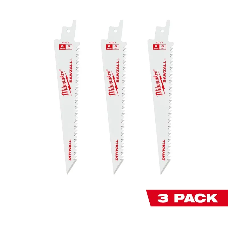 Milwaukee Sawzall Drywall Blades – 6" X 8 Tpi, 3-Count Pack 1